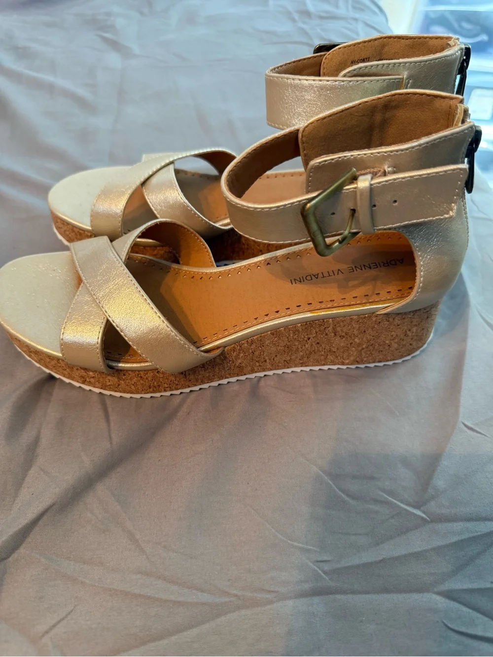 Adrienne Vittadini Metallic Gold Wedge Sandals with Ankle Buckle